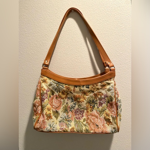 Tan Leather Floral Tapestry Bag/Purse - Picture 2 of 5